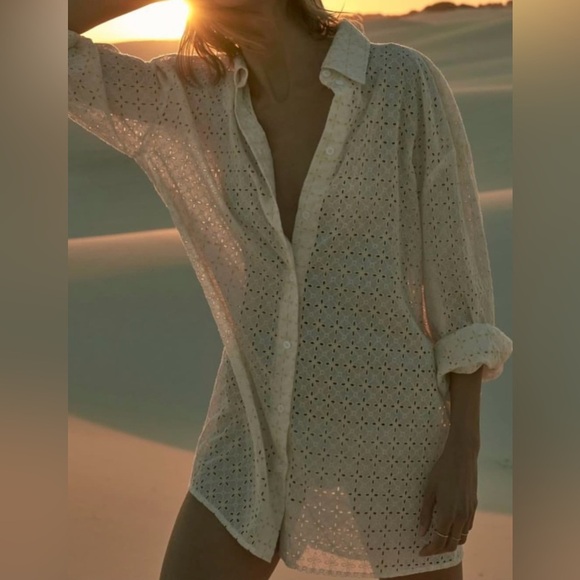 Zara Oversized Cotton Shirt with Openwork Eyelet Embroidery – Size L - Picture 5 of 14